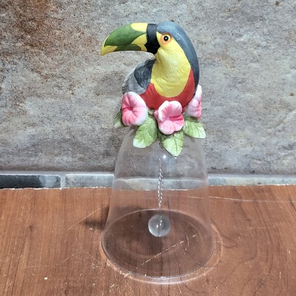 Toucan Bird Figurine on a Glass Bell  Silver Tone Chain Glass Ball - Picture 6 of 9